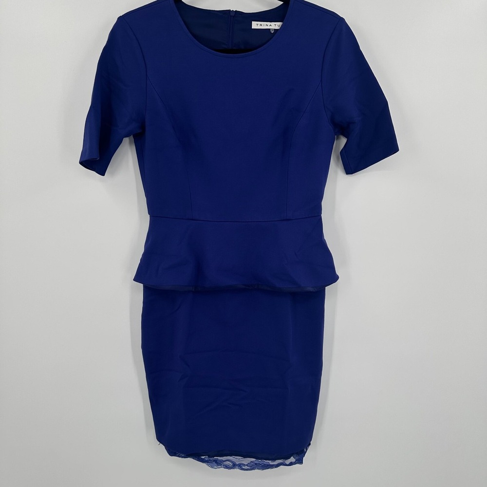 Trina Turk Womens Purple Peplum Lace Hem Short Sleeve Sheath Dress Size 6